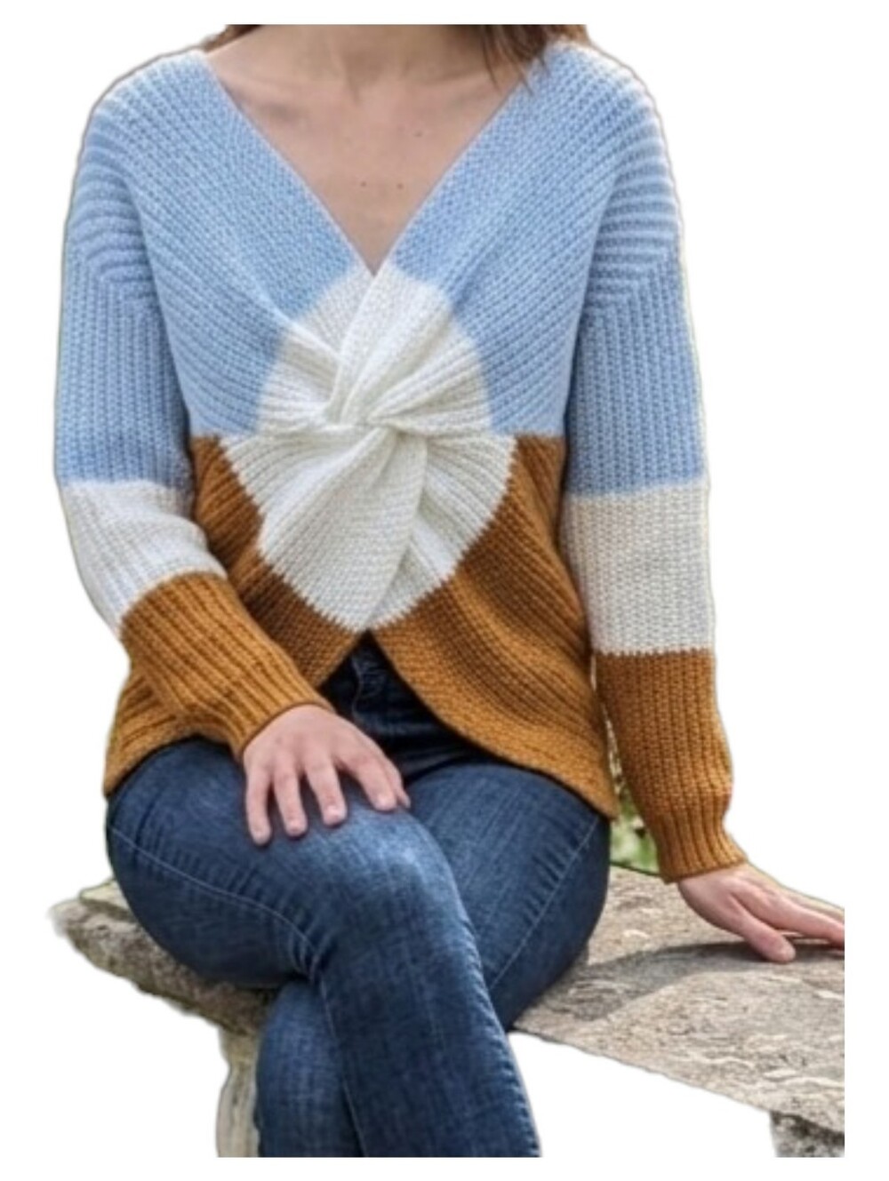 V-Neck Colorblock Twist Knit Sweater - Light Blue/White/Brown